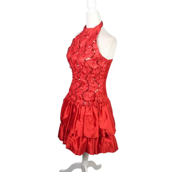 Vintage 80s Steppin' Out Red Lace Drop Waist Bubble Mini Cocktail Dress 3 - Picture 3 of 6